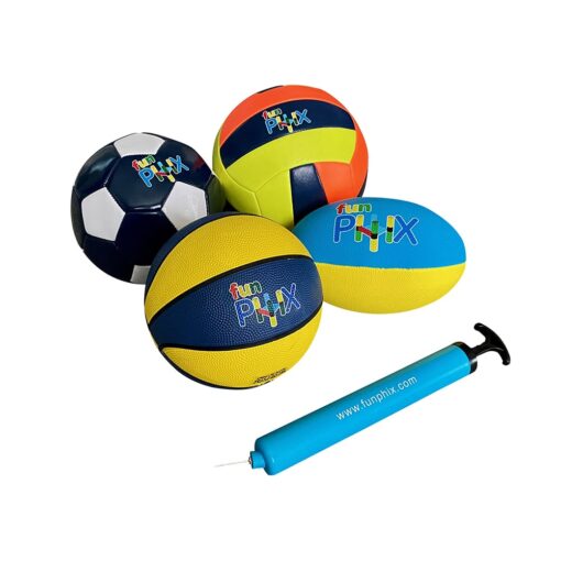 Funphix Set of 4 Balls - Soccer, Rugby, Basketball, Volleyball (Pump Included)